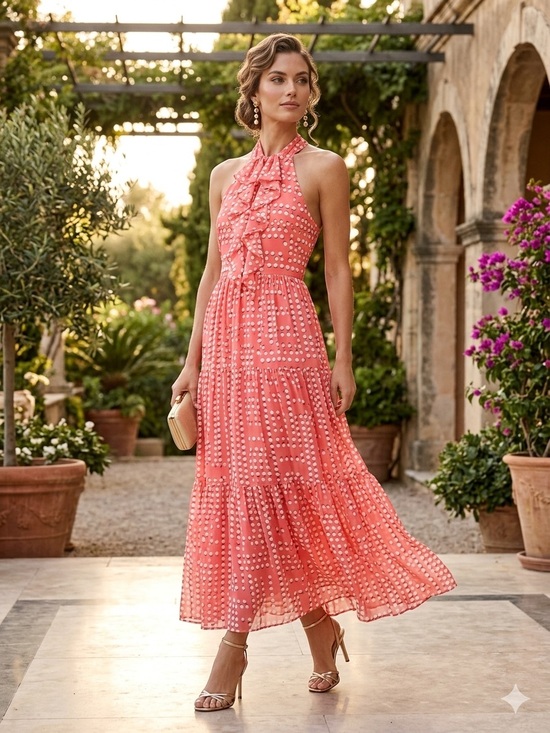 Karl Lagerfeld Dresses & Skirts - Karl Lagerfeld Coral Polka-Dot Halter Ruffle Midi Dress